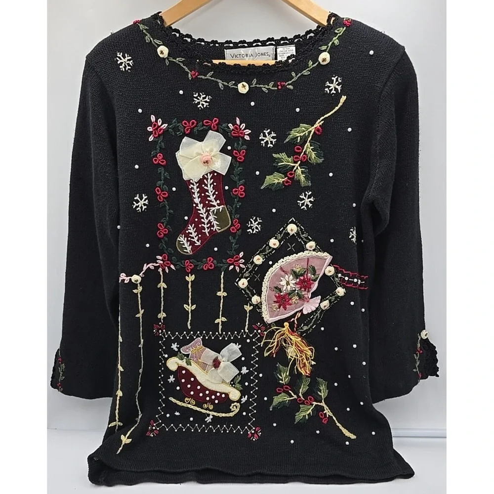 Victoria Jones Fall VTG Embroidered Ugly Christmas Sweater Beaded Woman S - Picture 2 of 12